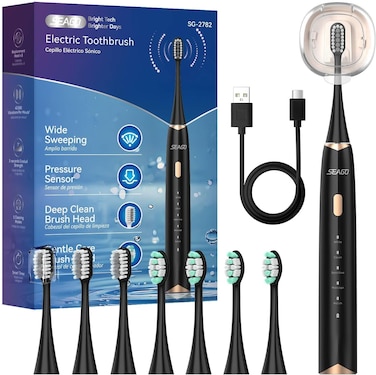 Seago Electric Toothbrush for Adults with Pressure Sensor, Sonic Toothbrushes Holder Wall Mounted, 30 Days Battery Life, 5 Cleaning Modes, 8 Replacement Heads, Timer &amp; IPX7 Waterproof(Black)