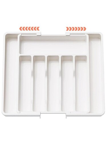 Silverware Organiser Tray, Expandable Kitchen Cutlery Tray, BPA-Free Cutlery Tray, Adjustable Cutlery and Utensil Holder for Spoons, Forks, Knives, Plastic Kitchen Organiser and Storage (White)