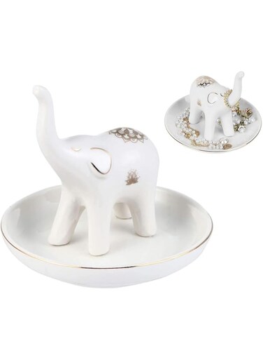 SYOSI Ceramic Elephant Jewelry Organizer Tray, 4.5" Dish for Rings, Necklaces, Bracelets, Trinkets, and Snacks - for Engagements and Weddings