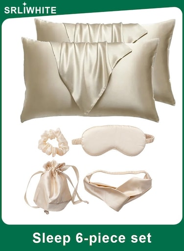 6-Piece Satin Sleep Gift Set, Silky Eye Mask, Hair Scrunchie, Headband, Storage Pouch and 2 Zippered Satin Pillowcase (Soft, Cooling, Blackout, Beige)