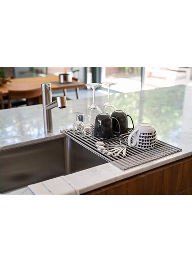 Shencai Over-The-Sink Roll-Up Dish Drying Rack, Made of Silicone Wrapped Steel, Multipurpose -No Occupying Space Heat Resistant Roll Up Dish Drying Rack - Fit for Stainless Steel Sink (Small)