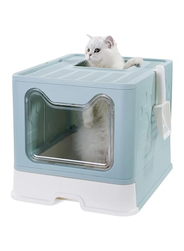 Tazweeq Foldable Cat Litter Box, Front Entry &amp; Top Exit Extra Large Space, Covered Kitty Litter Boxes, Enclosure Toilet Enclosed Plastic Kitty Litter Box, Drawer Type Easy Clean Cat Litter (Blue)