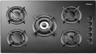 5-Burner Gas Hob, 86 x 51 cm, Black Glass, Built-in Cooktop with Control Knobs - Candy Brand -CVG9CB SASO