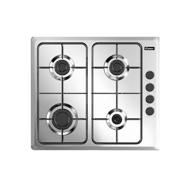 Candy 60cm Built-In Gas Hob &ndash; 4 Burners, Wire Grids, Auto Ignition, Flame Failure Safety, 7.5kW &ndash; Inox Finish with Black Side Knobs, Made in Italy
