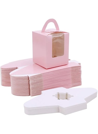 X spring Cupcake Boxes, 25 Pcs Individual Cupcake Containers with Window, Portable Single Cupcake Boxes with Handles, Simple Cupcakes Containers Gift Boxes for Weddings and Birthday Parties (Pink)