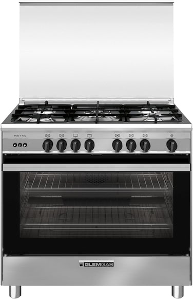 GLEMGAS Freestanding Gas Cooker 90X60 with 5-Burner, Cast Iron Grids, Full-Safety, Maxi Gas Oven120L with FAN, Storage Compartment, Cooling Fan, Closed Door Grilling, SE9612RIFS