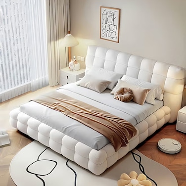 Whisper Tufted Upholstered Premium Upholstered Queen Size Bed (150 X 200 CM) Off White Color