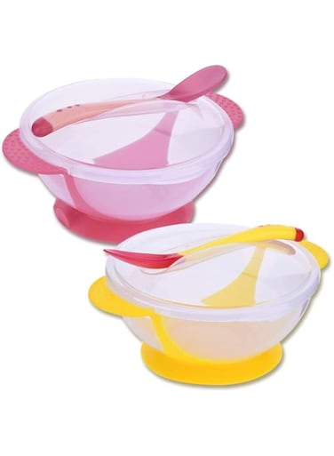 MAKINGTEC Baby Sucker Bowl, 2 Pack Stay Put Suction Baby Bowls with Temperature-Sensitive Spoons and Snap Tight Lids, Suction Toddler Spill-Proof to Go Storage Feeding Set