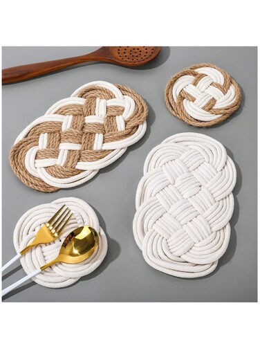 Jute Coasters Set of 4, Woven Cotton Drink Mats for Home Kitchen Office Table Decor