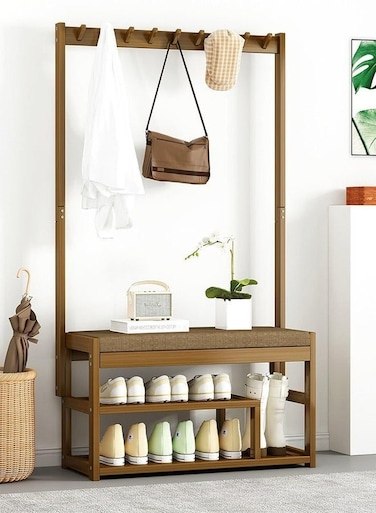 Home Modern Design 2 Layers Shoe Storage Rack and Clothes Holding Hooks With Seat Changing Stool For Home Hallway Entryway Living Room Furniture 97 x 29 x 168 cm