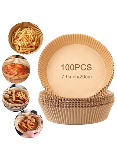 Showay 100PCS Air Fryer Disposable Paper Liner, 7.9inch/20cm Non-Stick Liners, Round Food Grade Baking for Oven Roasting Microwave, Brown, PAPERL01-100P