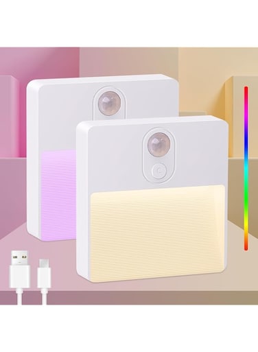 OSHIMA 2PCS Motion Sensor Light Night, Motion Sensor Lights Indoor, Night Light USB Rechargeable, 3 (Auto/Off/On) RGB Light for Hallway Stairs Bedroom Children's Room