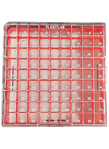 AANIJ&reg; Polycarbonate Freezer Boxes, CryoBox Vial Rack, Freezer Storage, 9 x 9 Array, 81 Place, 130mm Length x 130mm Width x 52mm Height. Fit for 1 ml, 1.8 ml and 2 ml Cryo Vials (Pack of One)