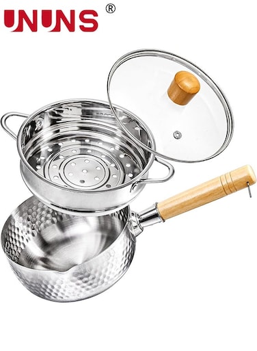 2-Tier Saucepan With Steamer,20CM Stainless Steel Sauce Pan With Wood Handle And Two Side Spouts for Milk,Ramen,Soup,Tempura