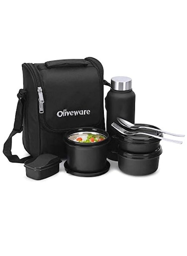 SOPL OLIVEWARE Teso Pro Lunch Box   3 Stainless Steel Containers   Plastic Pickle Box   Steel Spoon &amp; Fork   Insulated Fabric Bag   Leak Proof   Microwave Safe   Full Meal   Easy to Carry (Black)