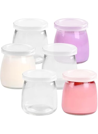 6-Pcs, 100ml Yoghurt Jars pudding Jar with Lid Glass Container With Lid For Milk Jams Jelly Mousse Yogurt Making, Jam, Jelly, Mousse &amp; Honey - Reusable, Round Containers for Home Kitchen Storage