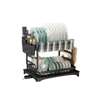 2-Tier Dish Drying Rack with Utensil Holder, 42cm Kitchen Organiser with Glass Storage, Black