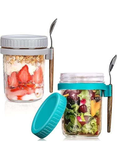 2-Pack Glass Storage Jars with Airtight Lids &amp; Spoon   Overnight Oats Jars,Container with Measurement Marks, Wide Mouth Portable Jars Breakfast Container for Salads, Yogurt, Cereal Milk, Oatmeal,&amp; More 300ml ( Green &amp; Grey )