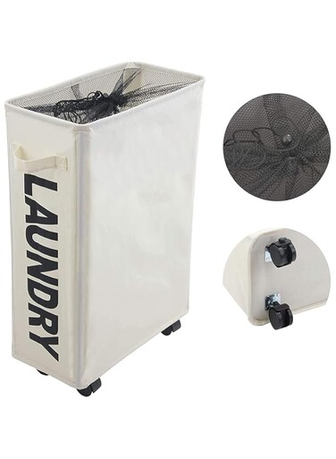 AMERTEER 22" Rolling Slim Laundry Basket With Handle On Wheels,1-Pack Large Laundry Basket, Waterproof Foldable Laundry Hamper, Collapsible Laundry Sorter And Organizer, Tall Storage Basket Bin, Beige