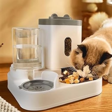 Automatic Pet Feeder, Plastic Pet Water Dispenser, Food Feeder for Cats Dogs, Large Capacity Cat Dog Feeder Bowls - 1L Water Dispenser + 2L Food Feeder, Pet Bowls Set For Small Medium Animals (Grey)