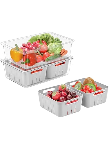 Puricon (2 Pack Fresh Food Containers for Fridge, Fruit Storage Vegetable Keeper Produce Saver with Colander &amp; Lid, Stackable Refrigerator Organizers for Salad Berry Lettuce, BPA Free -Large
