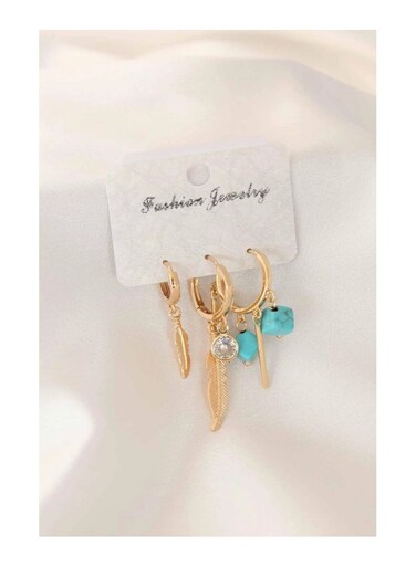 Set of 3 Earrings Feather and Blue Stones