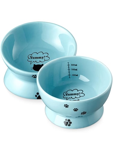 Y YHY Ceramic Cat Food and Water Bowl Set, Tilted Elevated Bowls, No Spill, 2 Bowls, Blue