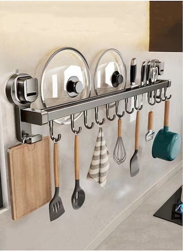 1-Piece Suction Cup Kitchen Knife Rack Kitchen Storage Shelf Kitchenware Organizer With 10 Hooks Aluminium Alloy Grey 50x7x13 cm