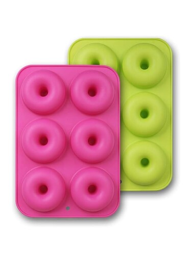 Silicone Donut Molds, 2-Pack of Non-Stick Food Grade Silicone Pans for Doughnut Baking &ndash; Green and Pink