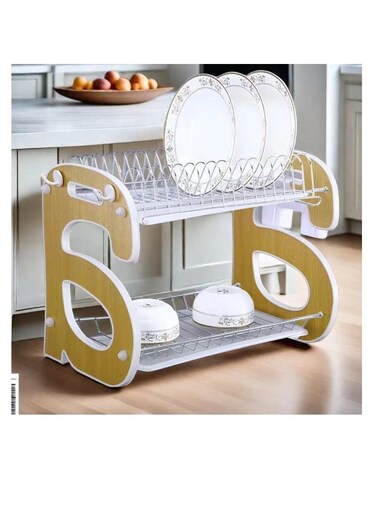 Kitchen Counter Dish Rack 2 Tiers Dish Drying Stand Bowl Dish Strainer Large Kitchen Organiser Shelves Utensils Drying Storage Basket with Drainboard Metal Plate Tray Holder with Towel Hook (a)