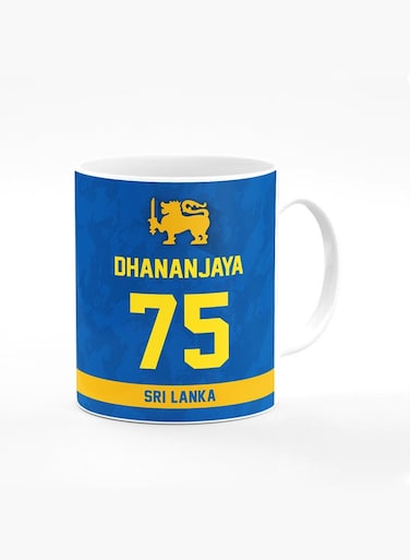 Designer Printed Coffee Mug with Heavy Duty Handle 11oz Ceramic Personalised Gift Mugs Cup - Cricket Player - Dhananjaya de Silva, Jersey Number - 75 (With Logo)