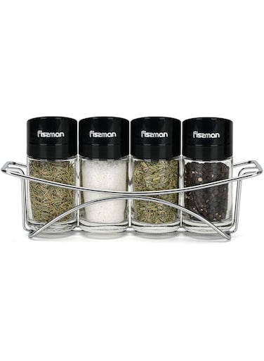 Fissman Spice Jar Set of 4 with Chrome Steel Stand, Manual Shaker, Stainless Steel and Glass Body Spice Dispenser Refillable, All Spices are Perfect Like Pepper, Sea Salts Pink Salt