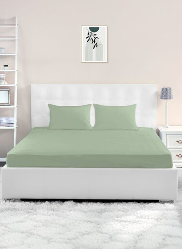 East Twin/Double Size Fitted Sheet   Soft 400TC Sateen Cotton Material   Light Green Desert Sage Color   120 X 200 Cm With 40 Cm Deep Pocket  Suitable For Double Size Mattress