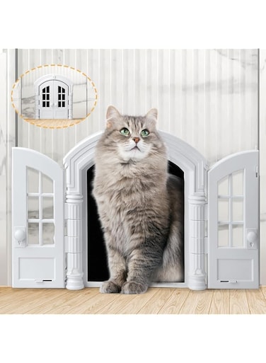 NALACAL French Cat Door, Stylish No-Flap Interior Pet Door, with Transparent Curtain &ndash; Easy to Install Plastic Kitty Door for Walls, Windows, and Exterior Doors (23.5 x 17 cm, White)