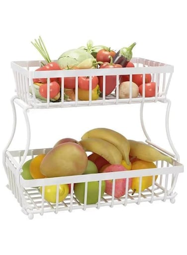 DESALOV 2 Tier Countertop Fruit Basket Detachable Metal Organizer for Kitchen Bread Vegetable Fruits, Large Capacity Rectangular Storage Stand Bowls (White)