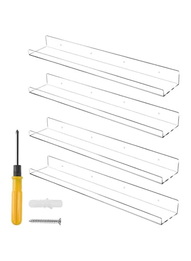 Jansburg 24 Inch Clear Floating Shelves 4 Pack Acrylic Shelves Invisible Floating Wall Ledge Bookshelf 5MM Thick Book Display Shelves Wall Mounted Bathroom Kitchen Organizer