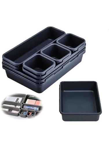 Azonee Plastic Drawer Organizers Set, 3-Size Versatile Trays for Bathroom, Vanity, Makeup, Kitchen Gadgets, Utensils, and Office, Storage Bins, Dark Gray, 8 PCS
