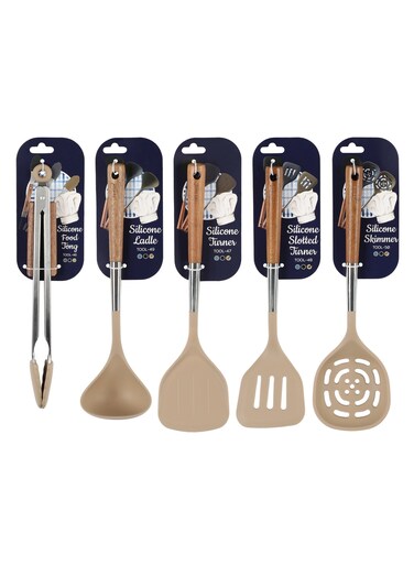 Smile Lifesmile Silicone Kitchen Utensils Set   Ladle, Turner, Slotted Turner, Skimmer &amp; Food Tong   Wooden Handle