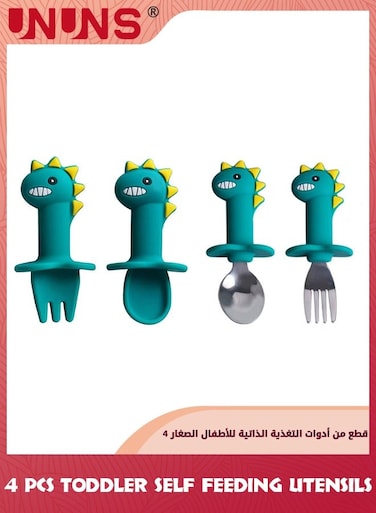 Baby Flatware Sets,2 Set Toddler Utensils Feeding Tableware,Soft Silicone Forks and Spoons Cutlery Set,Cartoon Dino Handle And Anti Choke Design For Infant Babies 6-24 Months Trainer,Green Dino