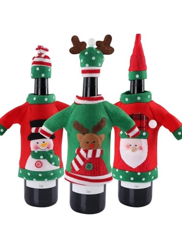 3pcs Christmas Wine Bottle Cover, Ugly Christmas Sweater Wine Bottle Cover for Holiday Christmas Party Decorations