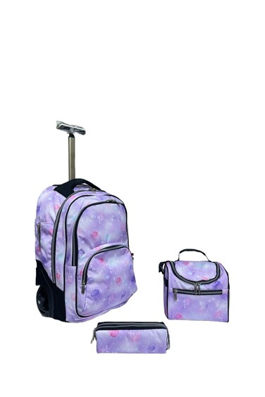 3-Piece Rolling School Set, 18-Inch Wheeled Backpack with Matching Lunch Bag and Pencil Case.(Sky Purpel Print)
