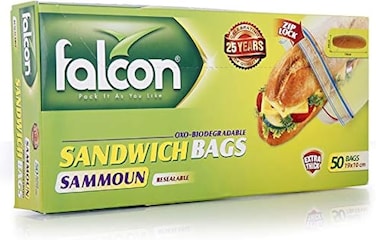 Falcon Pack Sammoun Resealable Oxo- Biodegradable Sandwich Bags, Clear, 19 x 10 cm, Pack of 50