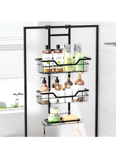 HELEE Over the Door Shower Caddy, Hanging Shower Organizer for Bathroom, Bathroom Storage Rack Shelf with Hooks &amp; Screw Adhesives &amp; Soap Holder, 3 Tier Bathroom Basket, Rustproof No Drilling
