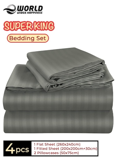 4-Piece Luxury Super King Grey Striped Bedding Set (Flat Sheet 260&Atilde;&mdash;240 cm, Fitted Sheet 200&Atilde;&mdash;200+30 cm, 2 Pillowcases 50&Atilde;&mdash;75 cm) &acirc;&euro;&ldquo; Premium Microfiber, Hotel-Style Comfort