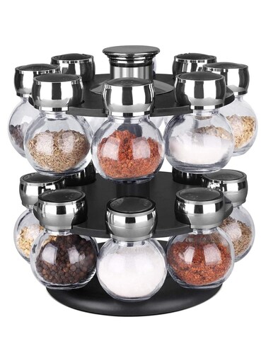 16-Piece Spice Jar Rack Set Black/Silver