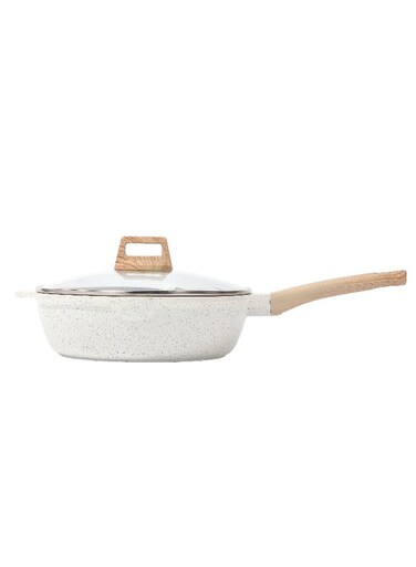 LIFE Deep Frypan 28&acirc;&euro;&macr;cm Nonstick with Lid   Aluminum   Non-stick Ceramic coating   Scratch Resistant &amp; Durable   Soft touch wooden esthetic handle&acirc;&euro;&ldquo; Ideal for Stir-Fry, Frying &amp; Saut&Atilde;&copy;ing , White