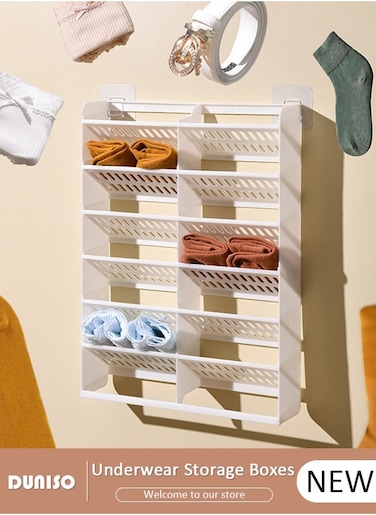 Underwear Storage Boxes, Wall Mounted Socks and Bras Organizer with 2 Hooks, Multiple Cell Plastic Underwear Organizer, for Closet and Wardrobe, Hanging Closet Organizer for Underwear Bra Socks, Ties