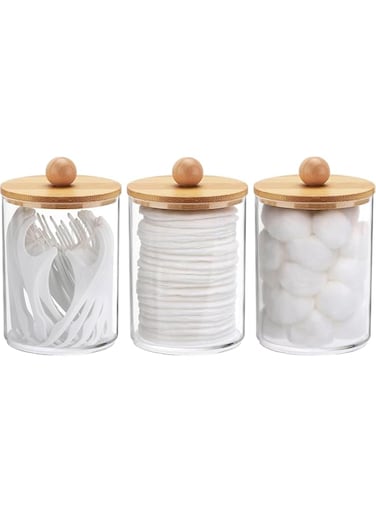 EETU Bathroom Jars Qtip Holder Dispenser,3 Pack Bathroom Jars with Bamboo Lids,Qtip Apothecary Jar,Clear Containers for Items,Cotton Balls,Round Pads,Toothpicks Organizer,Decorative Storage Solution