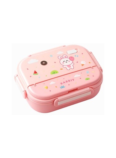 MOBCOS Kids Stainless Steel Bento Lunch Box with Rabbit Design, Insulated Carrying Bag, 4-Compartment Food Container with Spoon &amp; Fork, Pink