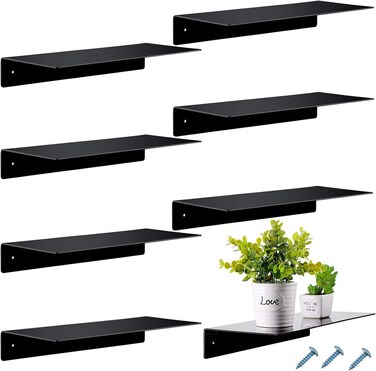 Blulu 8 Pieces 14 Inch Acrylic Floating Shelf - Invisible Wall Mounted Display Organizer for Home and Office (Black)